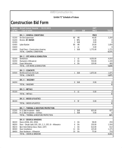 sheet metal bids|free bid sheet for construction.